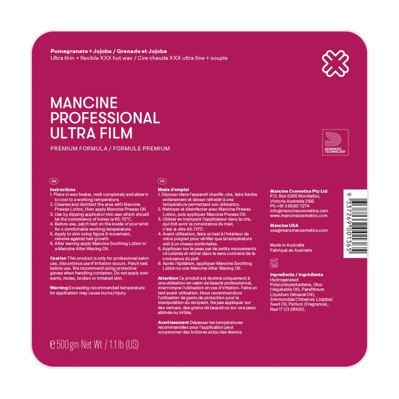 MANCINE ULTRAFILM POMEGRANATE &amp; JOJOBA HOT WAX 500GM